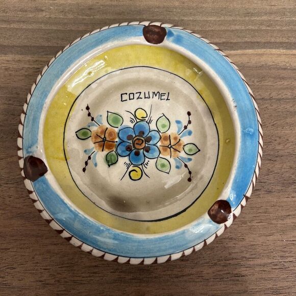 Vintage Tonala Hand Painted Art Pottery Ash Tray Cozumel Made‎ in Mexico - Picture 1 of 5